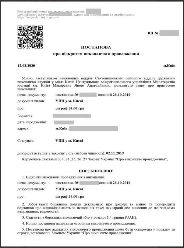 Постанова про відкриття виконавчого провадження